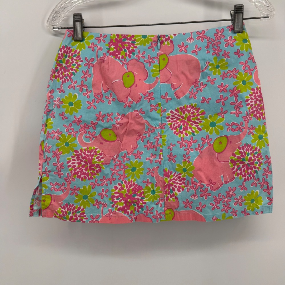 Lilly Pulitzer Mini Skirt Womens 2 Blue Pink Elephant Floral Print A-Line Cotton - Picture 2 of 6